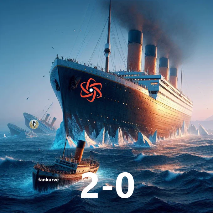 Core Titanic and their fans sail away from a destroyed ship. 2-0