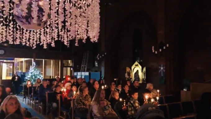 The pictures shows lots of people of different ages sat in rows in a dimly lit church. Each is holding a Christingle with a lit candle.