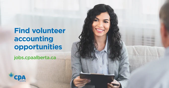 Photo of woman with long wavy dark brown hair dressed in business clothes holding a clipboard and pen. Text reads: “Find volunteer accounting opportunities. jobs.cpaalberta.ca”
