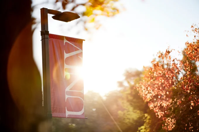 A UNLV banner in the morning sunlight 