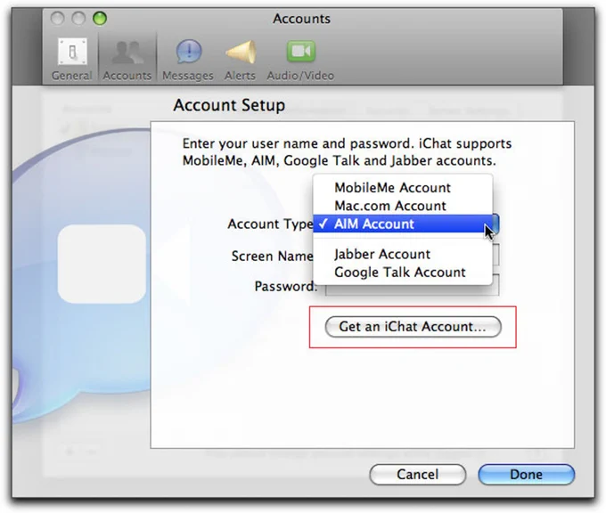 A screenshot of an early iMessage setup dialog showing that iMessage was a multiprotocol client.