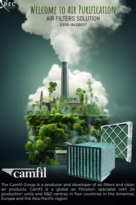 HVAC Filters 👉 Camfil's clean air solutions help to protect sensitive advanced manufacturing processes, prevent microbiological contamination in research labs, and eliminate infectious airborne contaminants in the healthcare sector. Call now! 0300-8458037 or email us at cc@dec.com.pk

