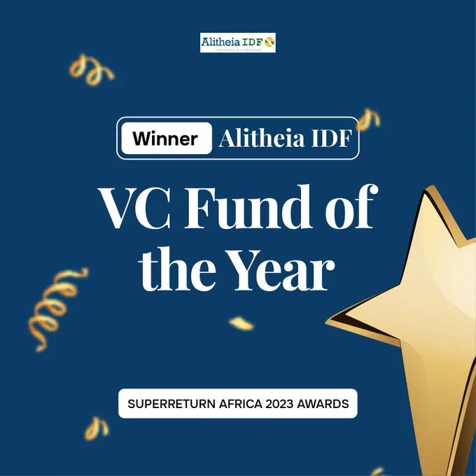 A graphic design highlighting Alitheia IDF's win as 'VC Fund of the Year' at SuperReturn Africa Awards 2023!