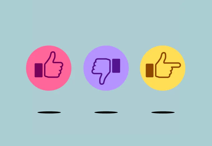 illustration showing three icons: a red thumbs-up, a purple thumbs-down, and a yellow hand pointing to the left, used as header for insight article about content personalisation in a cookieless world