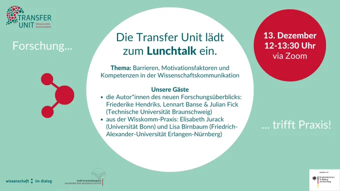 Die Transfer Unit lädt zum Lunchtalk ein. Thema: Barrieren, Motivationsfaktoren und Kompetenzen in der Wissenschaftskommunikation. Unsere Gäste
die Autor*innen des neuen Forschungsüberblicks: Friederike Hendriks, Lennart Banse & Julian Fick (Technische Universität Braunschweig) aus der Wisskomm-Praxis: Elisabeth Jurack (Universität Bonn) und Lisa Birnbaum (Friedrich-Alexander-Universität Erlangen-Nürnberg). 13. Dezember 12-13:30 Uhr via Zoom, Forschung trifft Praxis