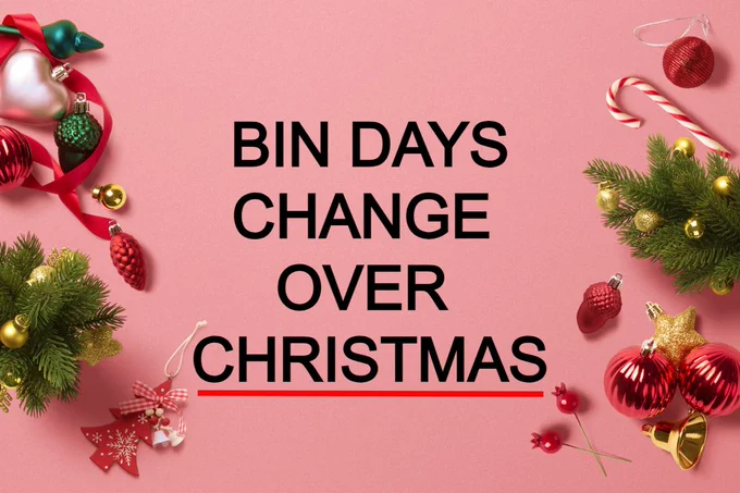Image of Christmas decorations on a pink background. Bin days Change over Christmas 