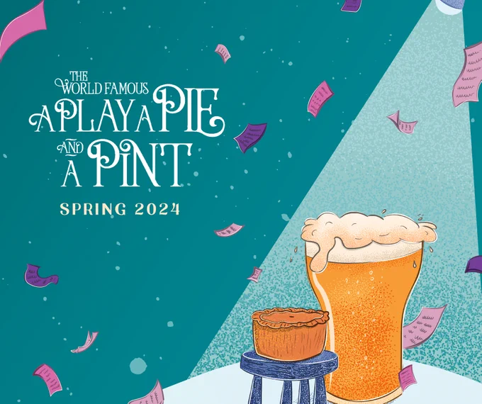 An illustration of a pie sitting on a stool by a pint, in the spotlight with flying pages around. 