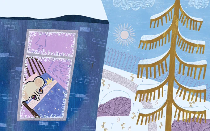 Illustration of an anthromorphic elephant sleeping next to a star. We see them through a frosty window. 