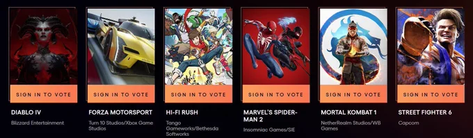 Illustrations des 5 jeux nominés: Diablo IV, Forza Motorsport, Hi-Fi Rush, Spider-man 2, Mortal Kombat 1 et Street Fighter 6