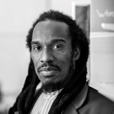 A black and white photo of Benjamin Zephaniah