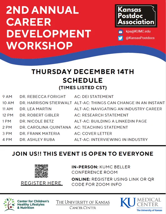 Career development schedule times, speaker names, and brief talk titles are listed in the center of the flyer. Registration information listed below that.
