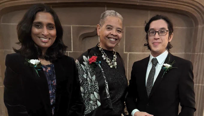 Group picture of Daphne Jayasinghe, Professor Toni Williams, and Will Sprunt. Daphne and Will gave inspiring 'Life after Girton' talks to our final-year students.