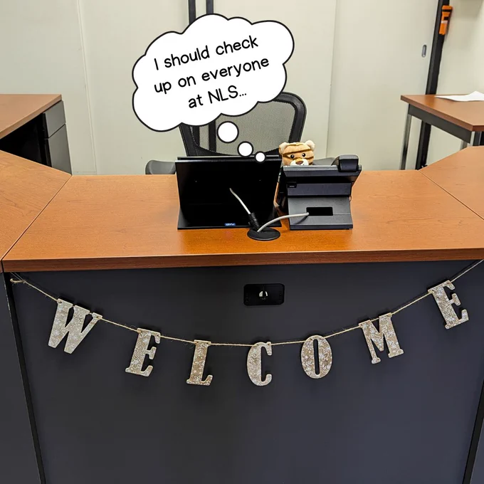 The plush cat sits at NLS's welcome desk, in front of a large phone. Above his head is a thought bubble that reads "I should check up on everyone at NLS..."