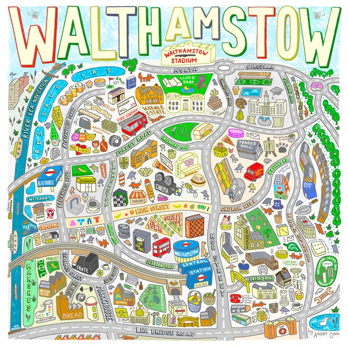drawn image of Walthamstow as a map, with individual icons 