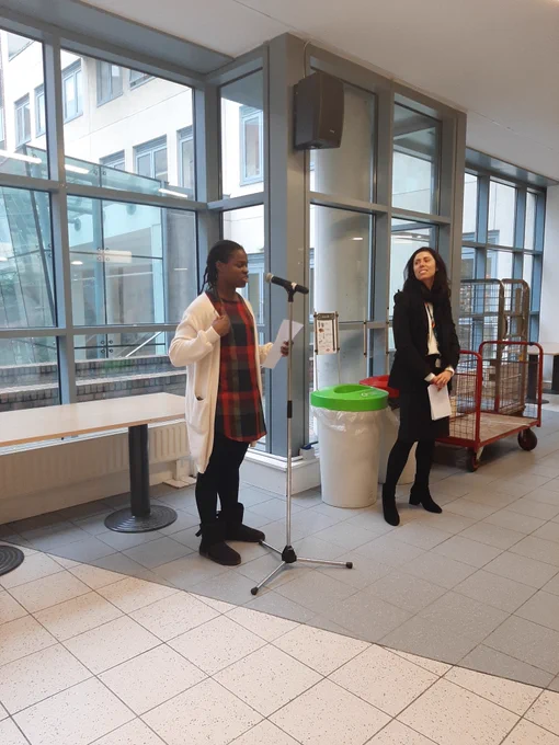 Speaker Avice Meya and Shauna lawlor head of employmnet engagement at the #ONEHUMANITY Solidarity shoutout event at the aungier street campus