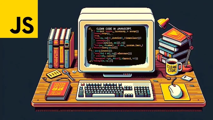El logo de JavaScript aparece arriba a la izquierda. Aparece también un ordenador estilo retro pixelado. Hay código escrito en la pantalla que pone Clean Code In JavaScript. Hay una taza con la frase "Clean Code" y hay libros sobre el escritorio.