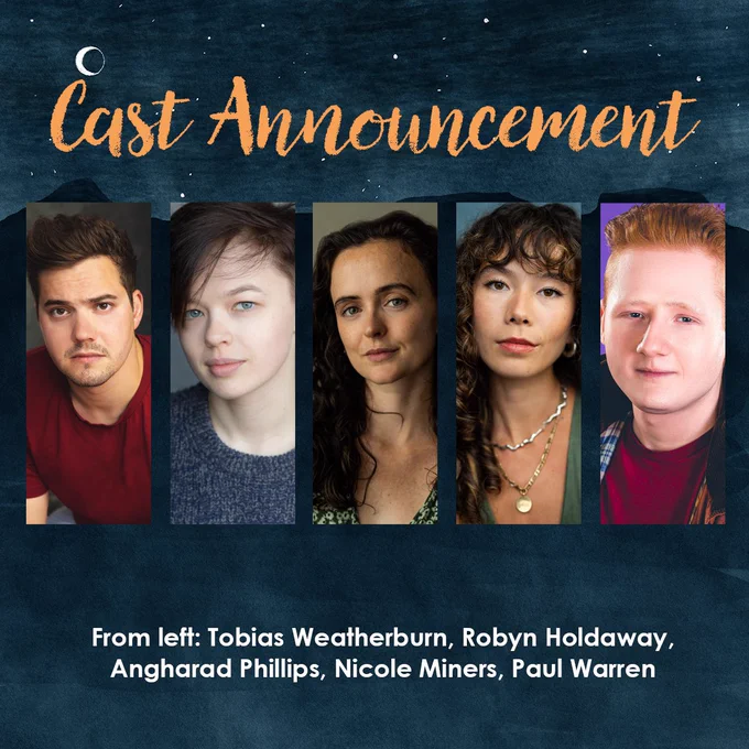 A multi photo layout of the five main cast actors for Camlann. Text on Screen reads “Cast Announcement: from left to right, Tobias Weatherburn, Robyn Holdaway, Angharad Phillips, Nicole Miners, Paul Warren.” All the cast are in their twenties and thirties. Tobias is a white man with short brown hair and brown eyes. He is wearing a red T-shirt. Robyn is a white non binary person with short sandy brown hair and blue eyes. They are wearing a blue jumper. Angharad is a white woman with long brown hair and hazel eyes. Nicole is a woman of South East Asian heritage, with long wavy brown hair and brown eyes. Paul is a white man with red hair and blue eyes. He is wearing a blue checked shirt over a red T-shirt.