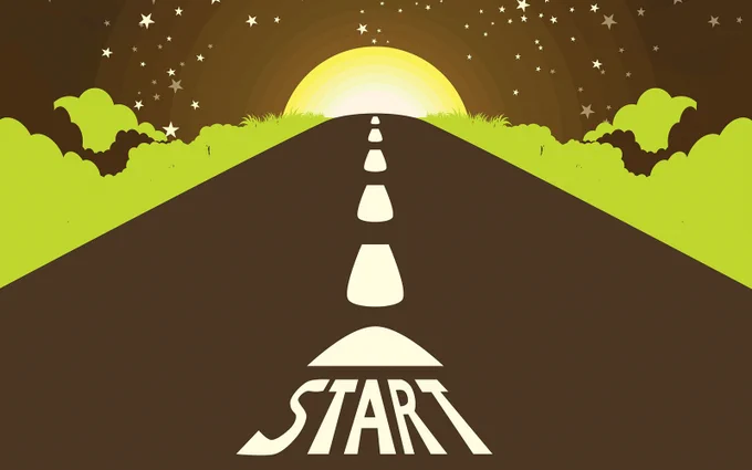 start printed on a road heading to the horizon toward the moon and stars