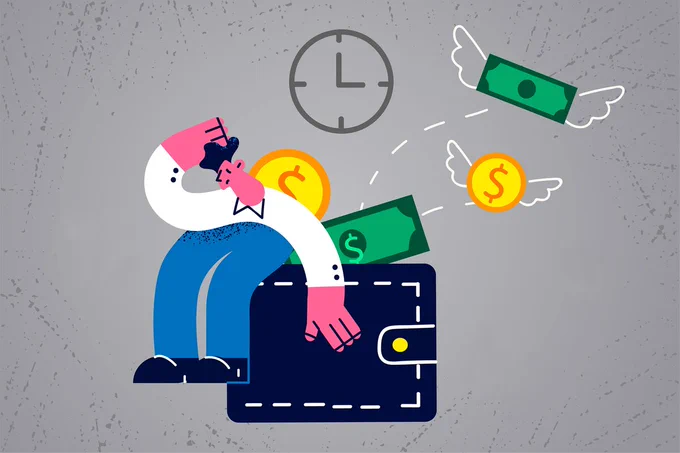 An illustration from the latest edition of the Paycheque Project in the Globe and Mail. It has a sad person sitting on a wallet with money flying away out of it.