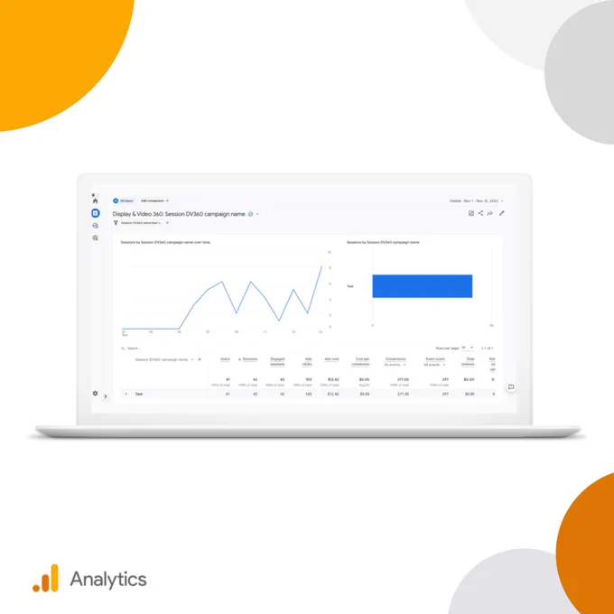 UI screenshot of Google Analytics reporting within a laptop illustration