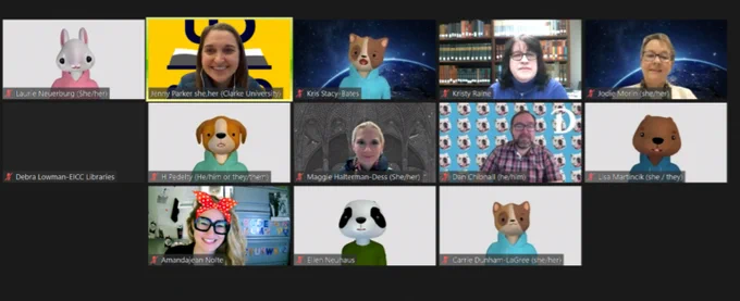 ILA/ACRL Executive Board members meeting via Zoom with some using animal avatars. 