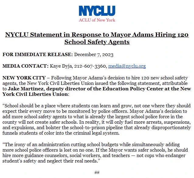 Screenshot of a NYCLU press release criticizing the Adams administration for hiring 120 school safety agents.
