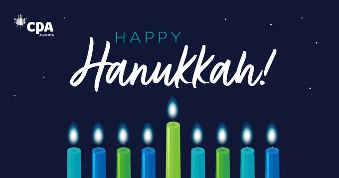 A dark blue background sprinkled with stars, signifying the night sky. In the foreground, an illustrated colourful menorah with candles in varying shades of blue and green with flames gently glowing. Text: Happy Hanukkah!