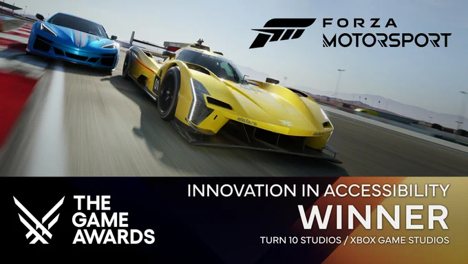 This graphic showcases the cover art of Forza Motorsport, featuring the blue 2024 Corvette E-Ray and the 2023 Cadillac #01 Cadillac Racing V-Series.R racing side-by-side. The bottom left corner displays The Game Awards logo, while the headline on the right reads "Innovation in Accessibility" with the words "Winner" below it, followed by Turn 10 Studios/Xbox Game Studios. The top right corner features the Forza Motorsport logo.