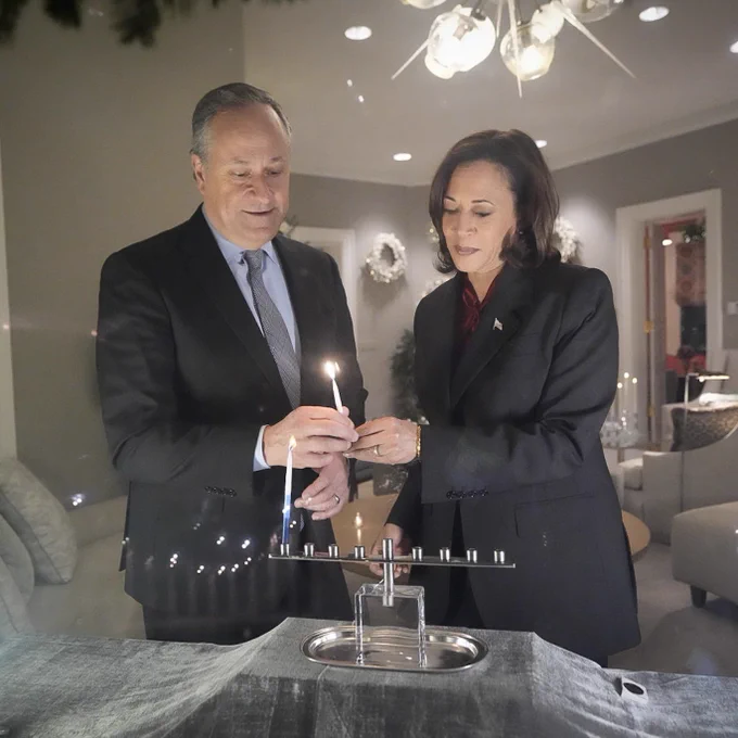 Vice President Kamala Harris and Second Gentleman Douglas Emhoff light their menorah at the Vice President’s Residence.