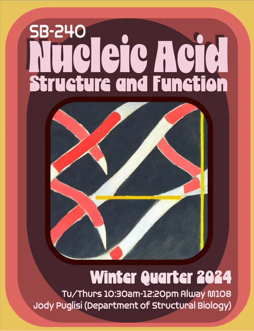 Colorful poster with course details:
SB-240 Nucleic Acid Structure and Function, Winter Quarter 2024. 
Tu/Thurs 10:30am-12:20pm Alway M108 Jody Puglisi (Department of Structural Biology). 
Mustard, red, and black abstract RNA illustration in the middle of the poster. 