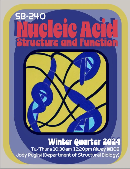 Colorful poster with course details:
SB-240 Nucleic Acid Structure and Function, Winter Quarter 2024. 
Tu/Thurs 10:30am-12:20pm Alway M108 Jody Puglisi (Department of Structural Biology). 
Yellow and blue abstract RNA illustration in the middle of the poster. 