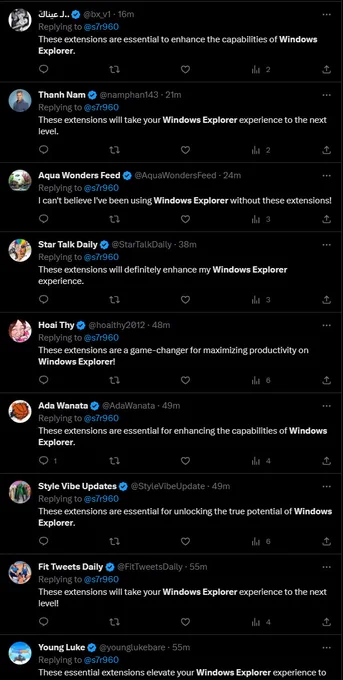 A screenshot of a whole pile of accounts with blue making replies to some tweet. All the reply tweets have very suspiciously similarly phrased comments about how the extensions (in the person's tweet) for windows explorer are amazing 