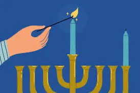 blue background with hand holding a match lighting a blue candle on gold candleholder
