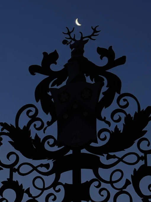 Detail of gate at Newnham College, Cambridge, silhouetted against the clear blue morning sky and with the crescent moon in the background.