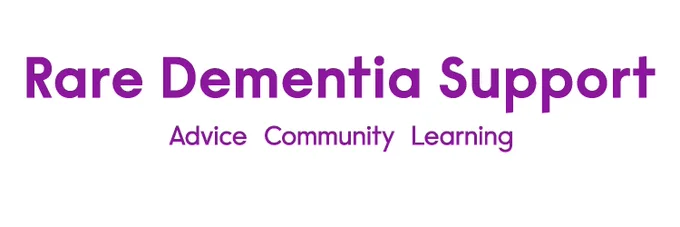 Rare Dementia Support. Advice, Community, Learning. Text is in purple. 