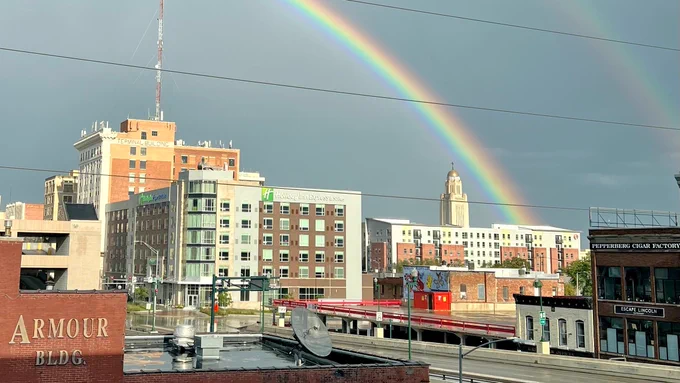 A double rainbow over the Haymarket looking towards Downtown Lincoln. 