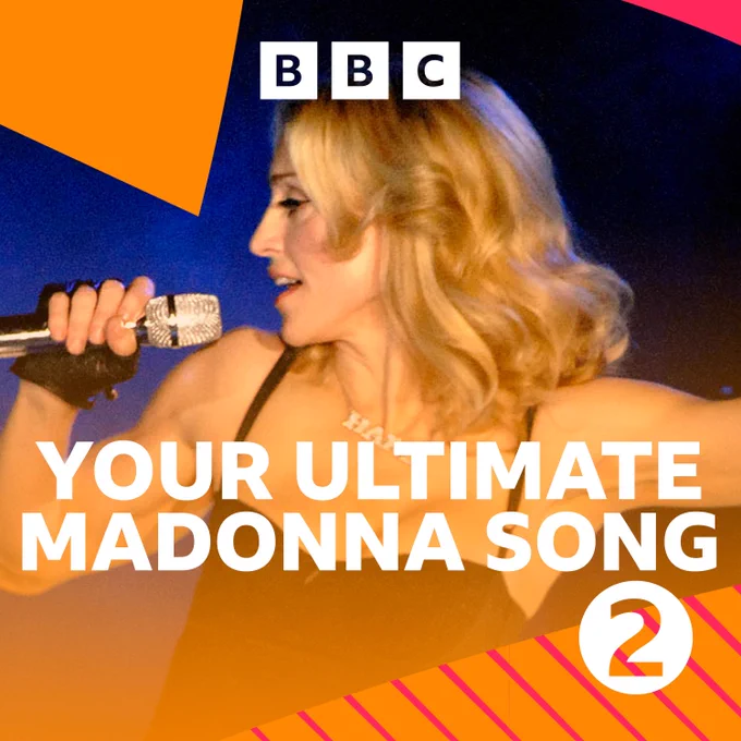 Artwork for Your Ultimate Madonna Song, featuring a picture of Madonna singing into a microphone. 