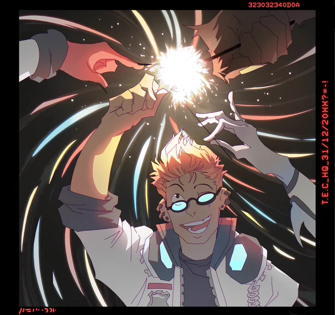Digital illustration of four characters holding sparklers together. The backdrop is dark with some firework lights. The image is stylised as if though it were a polaroid, with some indistinguishable text on its borders along with the date: 31/12/20XX.