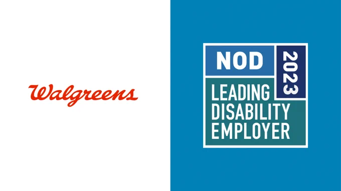 Walgreens company logo to the left of the NOD Leading Disability Employer Seal logo