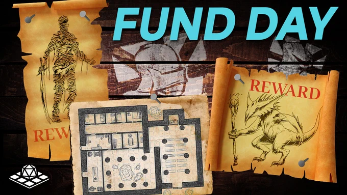 Fund Day Thumbnail Bounty Board with Beyond the Beasts art, Our Fantasy Town Map & The Night Watch Painted logos