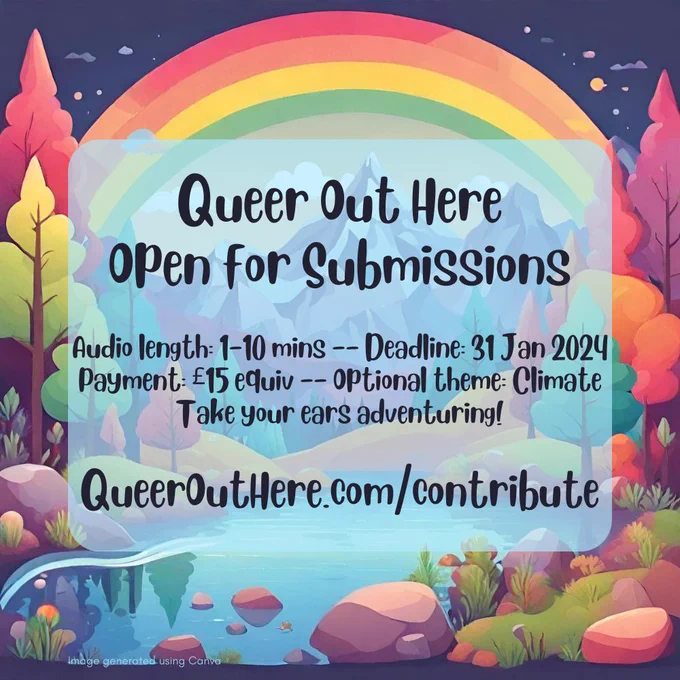 Colourful graphic of river, mountains, trees and rainbow with text overlaid. Text reads: Queer Out Here open for submissions. Audio length: 1-10 mins. Deadline: 31 Jan 2024. Payment: £15 equiv. Optional theme: Climate. Take your ears adventuring! QueerOutHere.com/Contribute