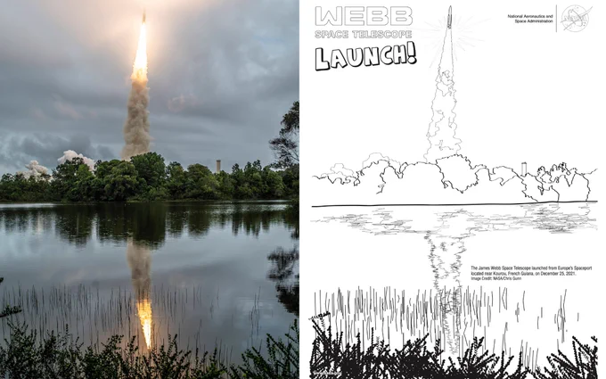 Two side-by-side panels. On the left is a photo taken during the Webb telescope's launch. At the top of the image is a tiny white rocket, partially obscured, that is glowing pale yellow and streaming smoke below it. The sky is gray and cloudy. Beneath the rocket and its jet of smoke are lush green treetops, as well as a smooth body of water also reflecting the rocket above. The right panel shows the same image as an unfilled, black-and-white coloring page. The left side of the coloring page says "Webb Space Telescope Launch!" and the right side features the NASA logo. Near the bottom is small text that reads: "The James Webb Space Telescope launched from Europe's Spaceport located near Kourou, French Guiana, on December 25, 2021. Image Credit: NASA/Chris Gunn."