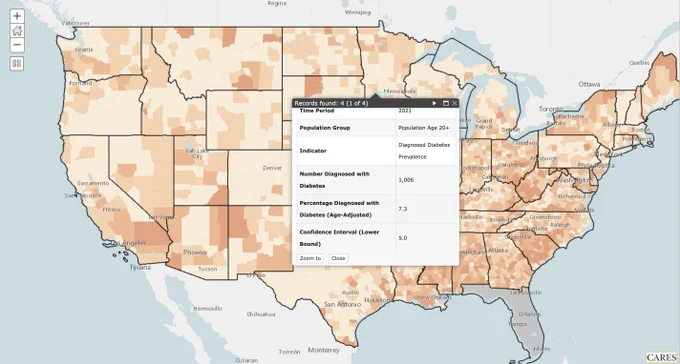 Map showing areas of diabetes prevalence across the US, darker areas indicate higher prevalence. 