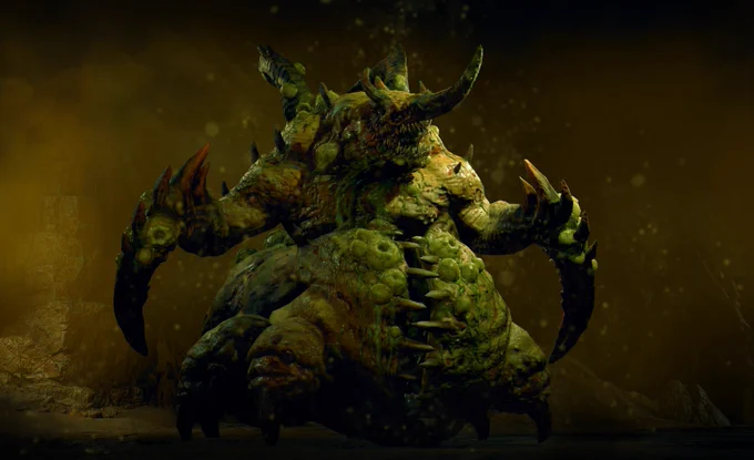 An image of Uber Duriel posing against a gaseous green cavernous background.