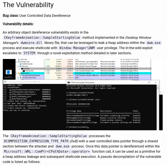 Screenshot of the "The Vulnerability" section of https://googleprojectzero.github.io/0days-in-the-wild//0day-RCAs/2023/CVE-2023-36033.html