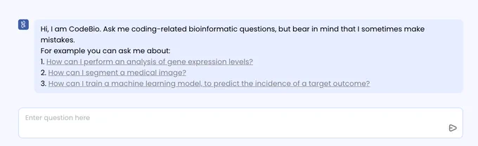 A screenshot from CodeBio app on Superbio platform. The image shows the welcome text of CodeBio chatbot, giving 3 options to kickstart the conversation. 