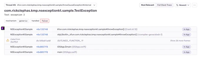 Screenshot of the Sentry dashboard showing an iOS Kotlin Multiplatform crash with nice little Kotlin icon.