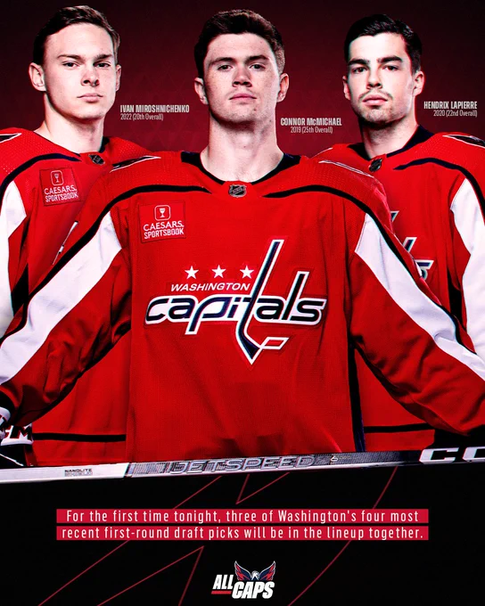 Graphic highlighting Ivan Miroshnichenko, Connor McMichael and Hendrix Lapierre - three of the four most recent first-round draft picks by the Capitals - playing for the first time together tonight against the New York Islanders.