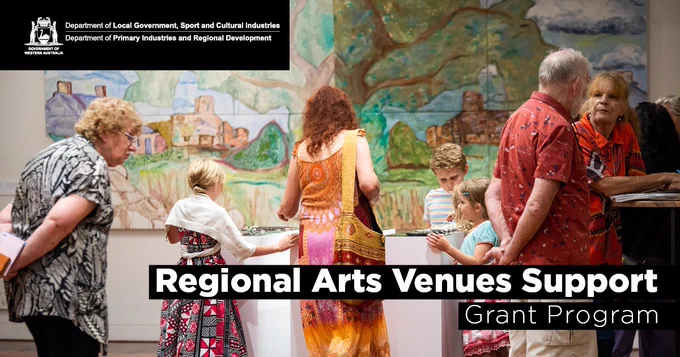 Text reads 'Regional Arts Venues Support Grant Program' on top people inside an art gallery - includes children and adults