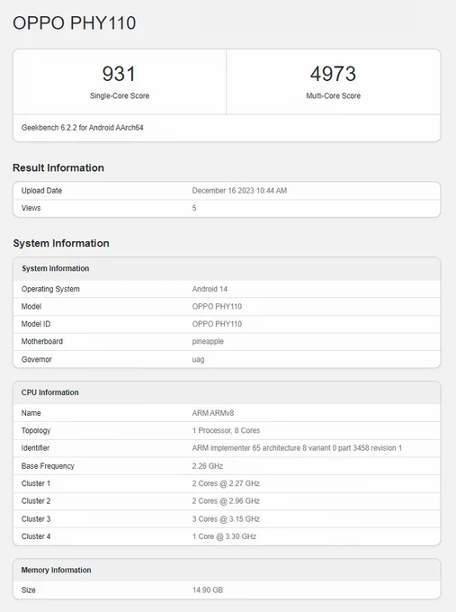 OPPO Find X7 Ultra (PHY110) Geekbench listing
